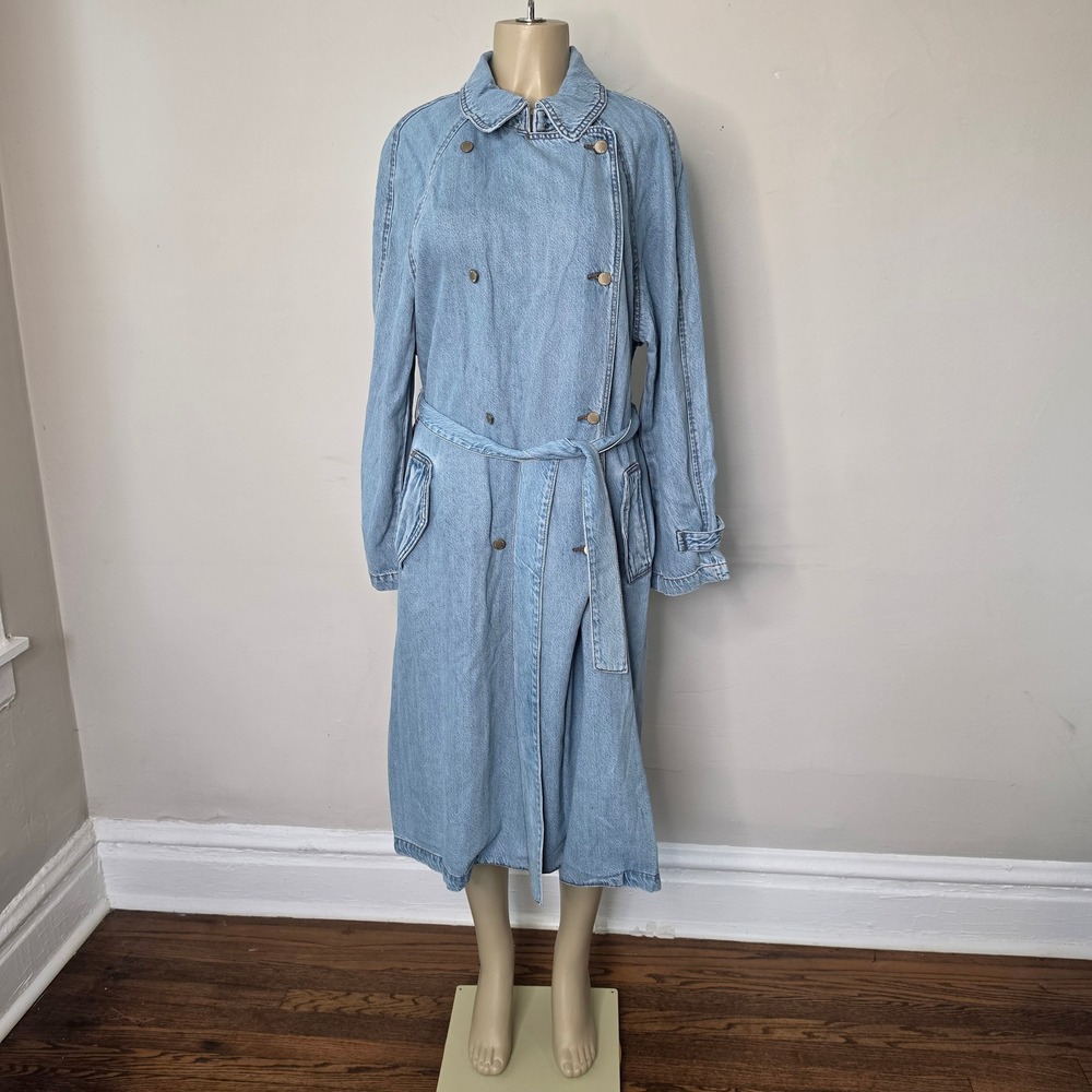 Universal Thread Trench Coat Women XL Blue Denim Double Breasted Belted Light